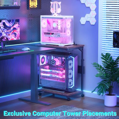 Besiost Computer Tower Stand with Power Strips, 4 Levels Manual Height Adjustable PC Tower Stand for Under Desk, Mobile Rolling CPU Holder, Computer Cart with Wheels, 24", Rustic Brown - color: Rustic Brown, size: 24"