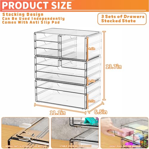 Yieach 3 Pack Clear Storage Drawers With 10 Drawers,Stackable 11.1” Large Acrylic Drawer Organizer and Makeup Organizer For Vanity,Bathroom Countertop,Cabinet,Pantry,Office Supply Storage Bins Drawers - size: Large 10 Drawers