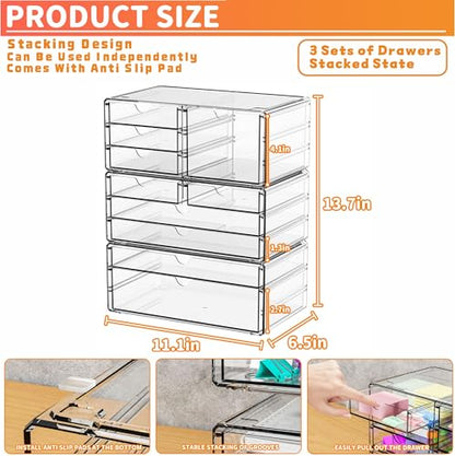 Yieach 3 Pack Clear Storage Drawers With 10 Drawers,Stackable 11.1” Large Acrylic Drawer Organizer and Makeup Organizer For Vanity,Bathroom Countertop,Cabinet,Pantry,Office Supply Storage Bins Drawers - size: Large 10 Drawers