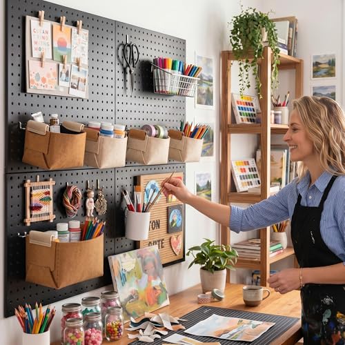 Spampur Peg Board, 4 Pack Metal Pegboard Wall Organizer with Accessories | Black Pegboard Panels with 50 Pcs Hooks and Baskets, Wall Organizer for Office, Craft Room Organization, Garage, Sewing Room - color: Black, size: 16x12''- 4 Pcs