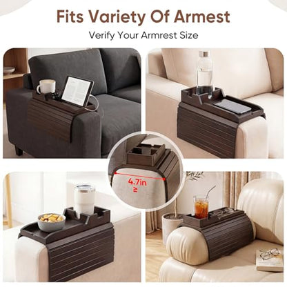 Bamboo Couch Arm Tray Table with Built-in Cup Holder, Foldable Anti-Slip Sofa Armrest Table for Drinks, Phone & Remote, Fits 4.7–16.9 in Armrests, Holds Cups up to 3.5 in Diameter (Brown) - color: Brown