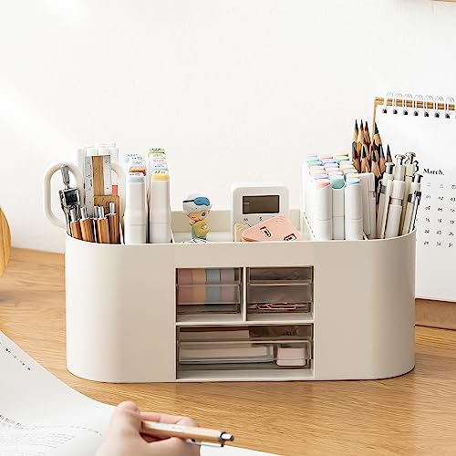 INSTOME Pencil Pen Holder for Desk with 3 Drawers - All-In-One Desk Organizer - Perfect Desk Accessories for Office Use - Stylish & Convenient Desk Organizers and Accessories (Beige) - color: Beige