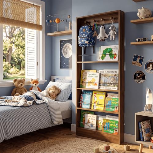 FerniTry Behind The Door Bookshelf Kids,Wooden Behind Door Bookshelf, 4-Tier Bookcase Book Shelf Space-Saving Organizer Storage for Toys and Story Books Wall Mount Shelves with Hooks Walnut - color: Walnut, size: 23.6''Lx3.94''Dx60.83''H