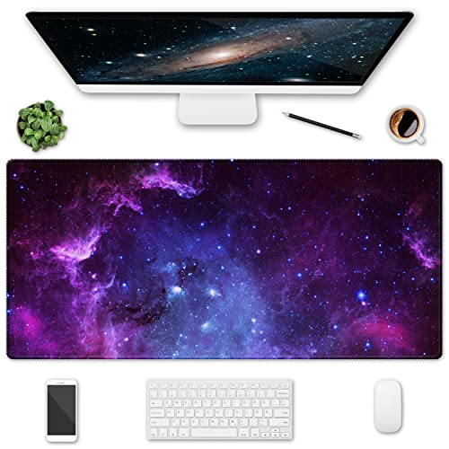 XXL Large Gaming Mouse Pad & Desk Protector (35.5"x15.75") with Non-Slip Base, Waterproof Surface | XXL Mouse Pad with Stitched Edges for Office Work, Gaming, Home Desk - Galaxy - color: Purple