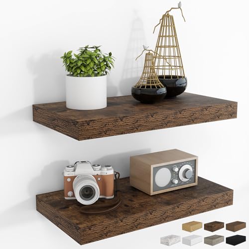RICHFOCUS 16Inch Floating Shelves for Wall 2 Pack Shelves for Bedroom|Kitchen|Bathroom Wall Mounted Rustic Wood Floating Shelf with Invisible Brackets for Books|Storage|Decor, Rustic Brown - color: Rustic Brown, size: 15.7"L x 8"D, Set of 2