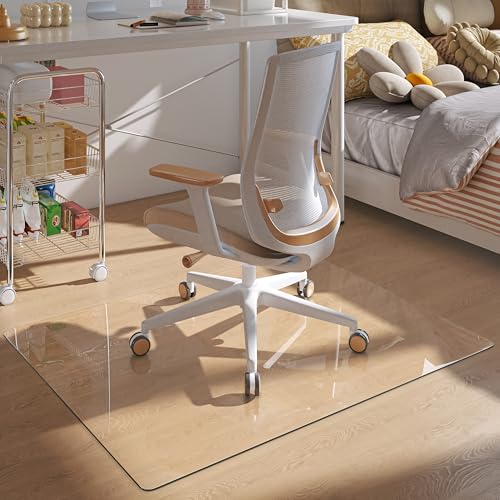 [Tempered Glass] 46“x36” Rounded Glass Chair Mat with Polished Edge Clear Office Chair Mat, Glides Smoothly, Suitable for Carpet or Hardwood Floors - color: Clear Rounded, size: 46"x36"