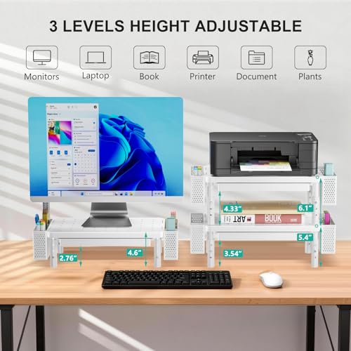 WALI Computer Monitor Stand with Storage, Desk Organizer with Drawer and Pen Holder, Desk Monitor Riser 3 Height Adjustable, Laptop Riser for Computer, Laptop, Printer(PTT003-W), 1 Pack, White - color: White, size: 14.6"L * 9.3"W,11" 1 Drawer, 2 Pen Holde