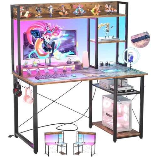 Cyclysio Gaming Desk with Hutch, 39'' Computer Desk with LED Lights & Power Outlets, Home Office Desk with Reversible 5 Tiers Storage Shelves & Monitor Stand, Small Gaming Table for Small Space,Rustic - color: Rustic, size: 39 inch