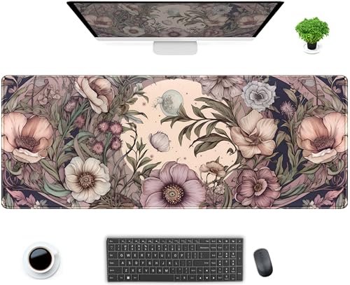 Pastel Purple Floral XL Large Gaming Mouse Pad Pink Flower Forest Desk Mat with Stitched Edges, Non-Slip Rubber Base Mousepad Laptop Computer Keyboard and Mouse Mat 31.5x11.8 in - color: Pastel Purple Floral, size: 31.5" x 11.8"