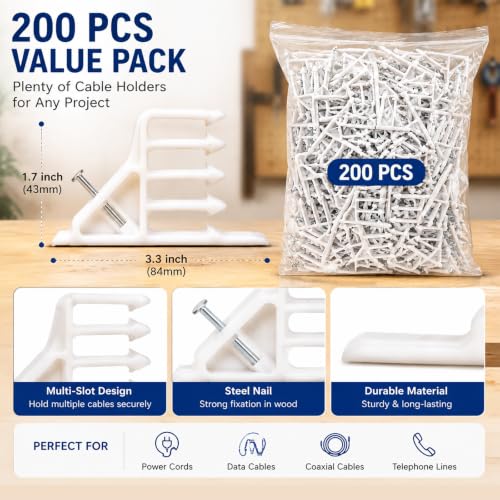 200 Pcs Multi-Cable Staples, Cable Stackers with Steel Nails Compatible with Romex NM Cable Coaxial, CAT5 CAT6 Data Cable, Electrical Wire Clip for Wood Studs In-Wall Wiring and Cable Management White - color: White-Without Locking Clip