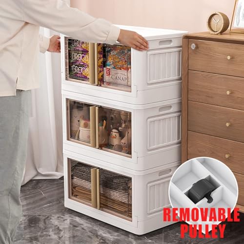 3 Storage Bins with 3 Lids, 78 Qt White Closet Organizers and Storage, 3 Packs Stackable Storage Bins with Wheels,Double Door Collapsible Storage for Home and Office,White