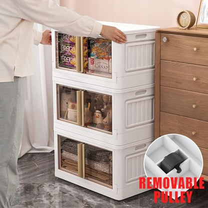 3 Storage Bins with 3 Lids, 78 Qt White Closet Organizers and Storage, 3 Packs Stackable Storage Bins with Wheels,Double Door Collapsible Storage for Home and Office,White