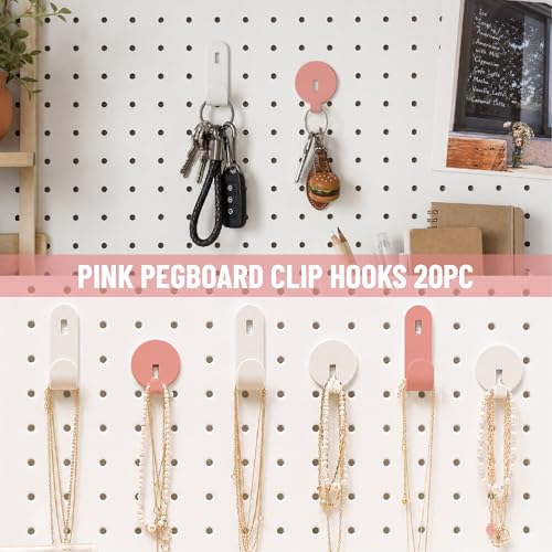 HUHOLE 20PC Pink Pegboard Clip Hooks for Thin Metal 1/4 Inch Pegboard | Picture Hangers with 10 lb Capacity, 10 Round and 10 Angled Peg Hooks for Jewelry, Crafts and Small Accessories - color: Pink