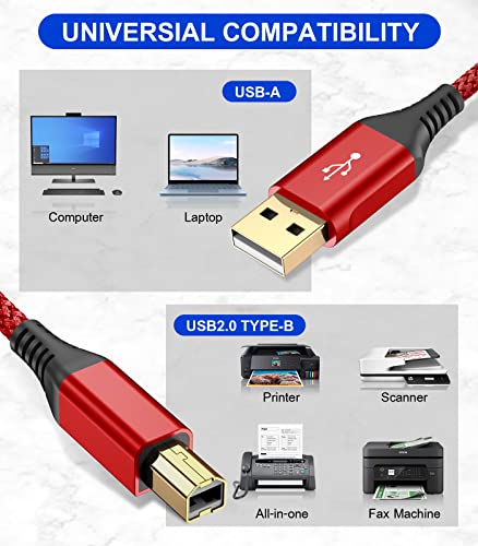 sweguard Printer Cable 10ft, USB 2.0 USB-A to USB-B Cord, High Speed Nylon Braided Scanner Printer Cord for HP Canon Dell Epson Brother Lexmark Xerox Samsung Piano DAC & More - Red - color: red, size: 6.6ft