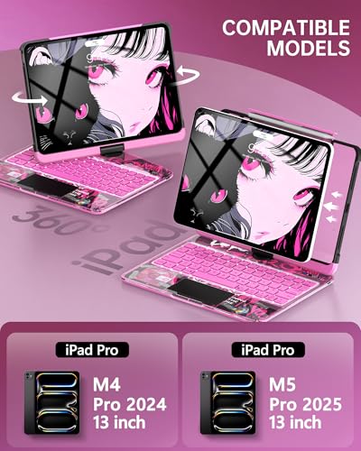 Intermerge Clear Keyboard Case for iPad Pro 13"(M5,2025/ M4,2024), 360° Swivel Multi-Touch Trackpad, 7-Color RGB Backlit, Pencil Holder, Type-C, Power Indicator, Blush Pulse
