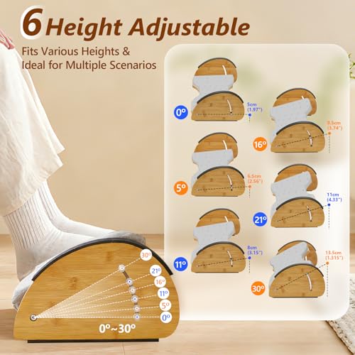 Foot Rest Under Desk, Under Desk Footrest, Foot Stool for Couch, Office Home, Gaming, 4-in-1 Bamboo Desk Foot Rest with 6 Adjustable Heights & Massage Cushion & Relieve Pressure on Legs, Waist & Back