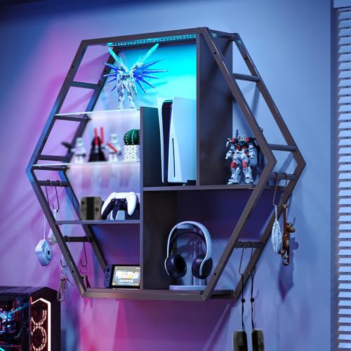 Saudism Floating Shelves with Lights, Led Shelves for Wall, Gaming Room Decor Display Shelf, Lighted Bar Shelves, Extra Hanging Hooks Storage, Sturdy Fast Assembly Great Weight Capacity-Black - color: Black