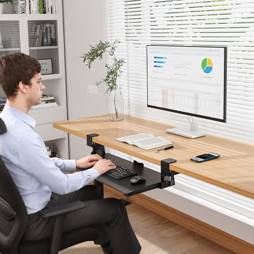 BONTEC KMT01 Under Desk Keyboard Tray, Pull-Out Keyboard & Mouse Platform with C-Clamp, 25.6 x 11.8 in Space-Saving Ergonomic Slide-Out Drawer, Black - color: Black, size: 25.6" x 11.8"