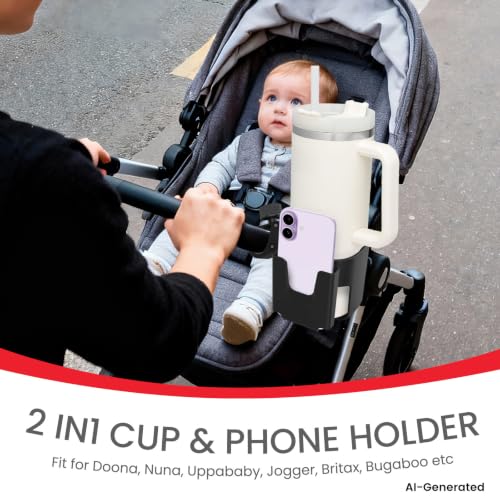 Stroller Cup Holder with Phone Holder - [Upgraded Anti-Slip Grips] Walker Cup Holder, Wheelchair, Stroller Accessories, 2-in-1 Cup Phone Holder for Stroller, Bike, Wheelchair, Walker, Scooter - Black - color: Black-1