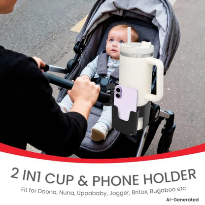 Stroller Cup Holder with Phone Holder - [Upgraded Anti-Slip Grips] Walker Cup Holder, Wheelchair, Stroller Accessories, 2-in-1 Cup Phone Holder for Stroller, Bike, Wheelchair, Walker, Scooter - Black - color: Black-1
