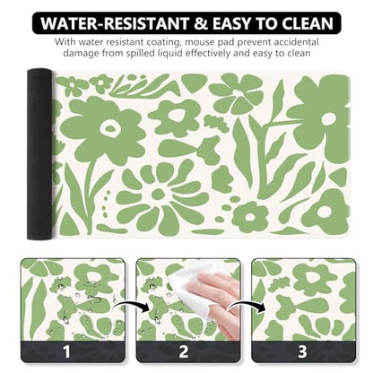 iCasso Desk Mat, XXL Large Anti-Slip Mouse Pad with Stitched Edges, Keyboard Mat for Work, Gaming (Green Flowers) - color: Green Flowers