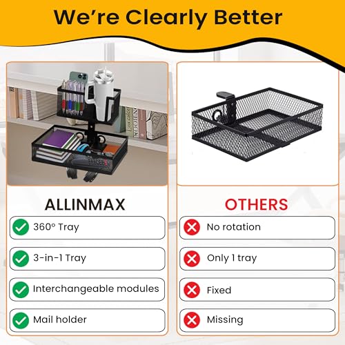 6-in-1 Clamp On Desk Organizer with Cup Holder & 360° Rotating Under Desk Drawer, Swappable Parts, Easy to Install Standing Desk Drawer Attachment, Space-Saving for Home & Office