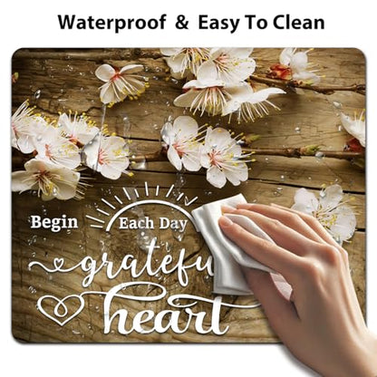 Plum Blossoms Mouse Pad, Begin Each Day with A Grateful Heart Desk Mat | Inspirational Quote White Flowers Rustic Wood Grain Floral, Anti-Slip Rubber Base, Silky Smooth Surface, Cute Mousepad - color: Color_CNaf