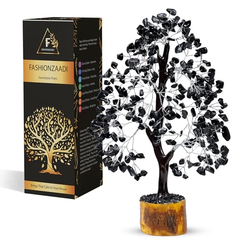FASHIONZAADI Black Tourmaline Gemstone Tree - Crystal Tree of Life - Crystals and Stones Home Office Decor - Good Luck Gifts for Women - color: Black Tourmaline Silver Wire