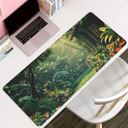 Garden Mouse Pad Desk Mat Large Gaming Mouse Pad Green (27.5X11.8 in) | Desk Cover Mat Desktop Mat,Big Mousepad with Stitched Edge Non-Slip Rubber Base for Work Study Game - color: green&garden