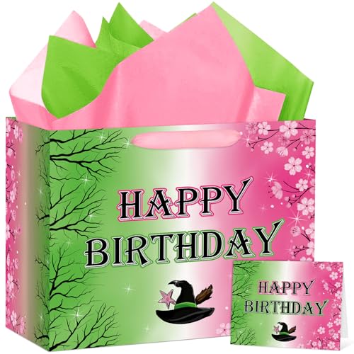 Hooqict Large Pink and Green Gift Bag Witch Birthday Gift Wrap Bag with Handles, Tissue Paper, Greeting Cards for Girls Friendship Princess Witch Party Favors Movie Theme Birthday Party Supplies - color: Pink and Green