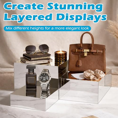 4Pcs Acrylic Risers Display Stands, Food Risers for Buffet Table, Acrylic Cube Mirror Risers for Catering Dessert, Jewelry Collectibles Party, Silver - color: Silver