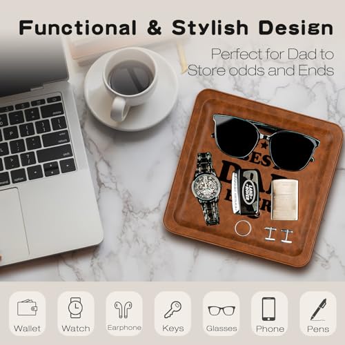 Funistree Best Dad Ever PU Leather Valet Tray - Unique Gift Ideas for Father, New Dad Gifts from Daughter, Son or Wife - color: B-tray-best Dad Ever