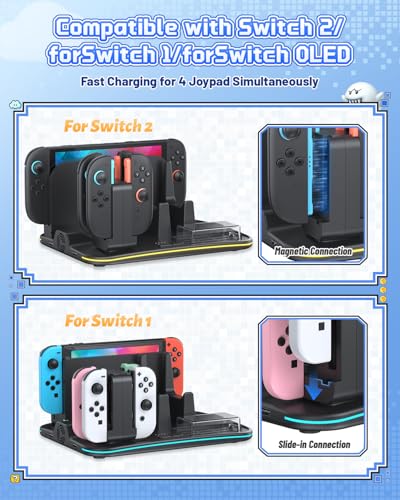 [Switch 2/1 Compatible] FASTSNAIL Charging Dock & Orgainzer Station & Cooling Fan for Nintendo Switch 2/1/OLED, Storage Stand for JoyCon 2/1 with 12 Card Slots, Controller/Headset Holder, 9 RGB Modes