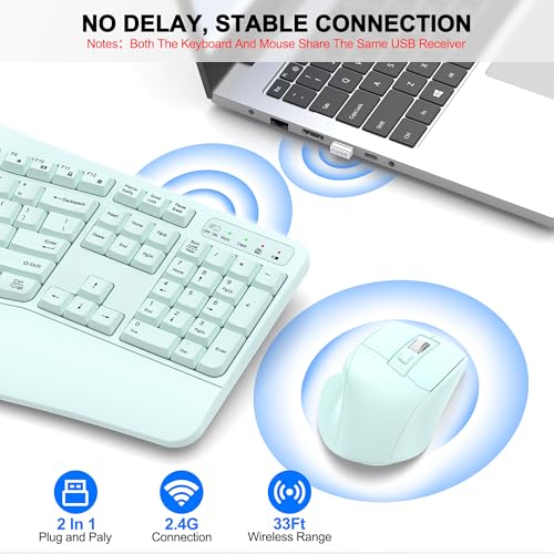 Wireless Keyboard and Mouse Combo, 2.4G Full Size Wave Keys Ergonomic Keyboard with Wrist Rest and 3-Level DPI Adjustable Wireless Ergonomic Mouse for Windows, Mac OS Desktop/Laptop/PC(Mint Green) - color: Mint green