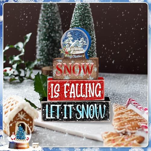 Britimes 4 Pcs Winter Table Decor Christmas Snow Globe Tiered Tray Decorations Set Snowflake Block Signs Gift Rustic Farmhouse Tabletop Decor for Table & Home Office - style: Snow Globe Christmas