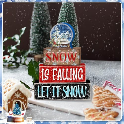 Britimes 4 Pcs Winter Table Decor Christmas Snow Globe Tiered Tray Decorations Set Snowflake Block Signs Gift Rustic Farmhouse Tabletop Decor for Table & Home Office - style: Snow Globe Christmas