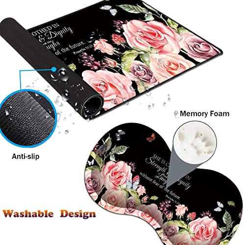 Desk Pad Gaming Mouse Pad + Wrist Rest Support Pad + Coaster, 31.5" × 11.8" Durable Non-Slip Extended Computer Mouse Pad, Suitable for Office and Home, Bible Verses Proverbs 31:25 - color: Bible Verses Proverbs 31:25