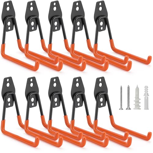10 Pack Garage Hooks Heavy Duty Storage Organizer Wall Mount Power and Garden Tool Hangers, for Hanging Ladders, Ropes, Hose, Bulk Items - color: Orange 10 pack