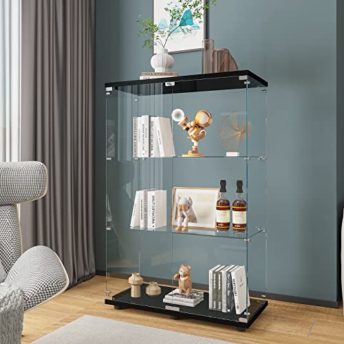 Beauty4U 2 Doors Glass Display Cabinet with 3 Shelves, Curio Cabinets for Living Room, Bedroom, Office, Black Floor Standing Glass Bookshelf, Quick Installation - color: Black, size: 2-Door 3-Shelf