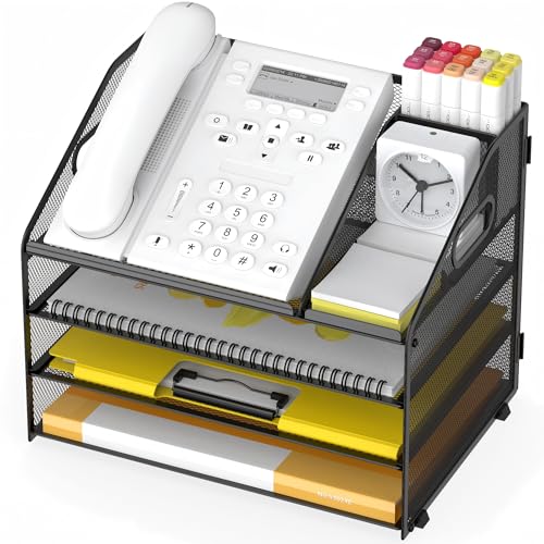 Letter Tray Paper, 4 Tier Desk Organizer with Pen Holder and Handle Mesh File Organizer Paper Sorter Metal Desktop Document Shelf for Office Home Classroom -Black - color: 4 Tier-black
