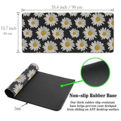 Big Mouse Pad Black Desk Pad Large Gaming Mousepads Pc Mouse Pads Office Items Non-Slip Rubber Base Waterproof with Stitched Edges 35.4 X 15.7 for Game Office, White Daisies - color: White Daisies