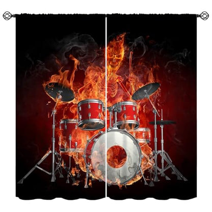 Music Curtain, Skeleton Flame Drums Hell of A Drummer Rock Music Theme Window Treatments Drapes for Boys Girls Teens Bedroom Living Room 42" W X 45" L(No Blackout) - color: Musical-3, size: 20.5"W x 45"L (Pack of 2)
