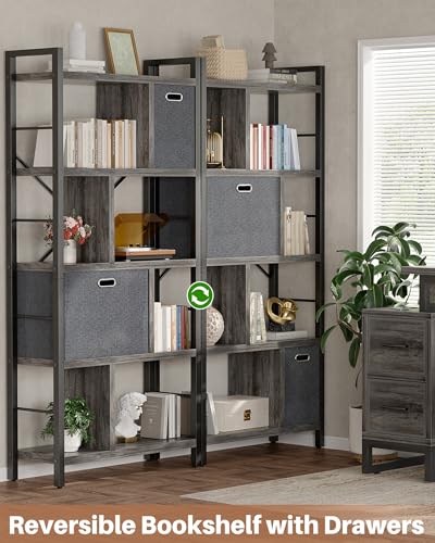 Armocity Bookshelf with Drawers - 5 Tier Tall Bookcase Geometric Modern Book Shelf Display Standing Bookshelves with Storage for Living Room, Bedroom Home Office, Grey Oak - color: Grey Oak