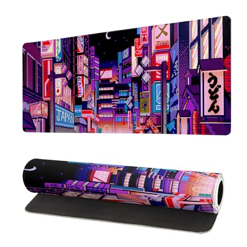 Dark Purple Japanese Gaming Mouse Pad Abstract Anime Mat 27.6x11.8 Inch Tokyo Pixel Street Texture Non-Slip Rubber Base Kawaii Mousepad Stitched Edges Keyboard Desk Pad for Office and Home Game - color: Japanese Street