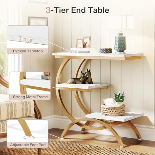 Tribesigns C-Shaped End Table, Industrial 3-Tier Small Side Table for Couch, Wood Bedside Table Snack Side Table with Storage Shelves for Living Room Small Space, White Gold - color: White Gold