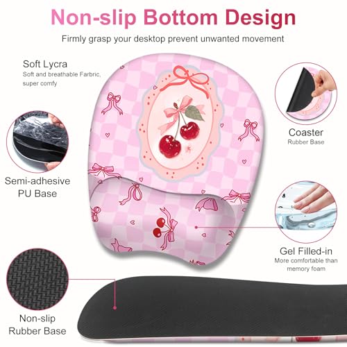 Cute Check Mouse Pad with Wrist Support 4 in1 Set, XXL Big Game Mousepad + Keyboard Wrist Rest + Mouse Wrist Rest Pad +Coaster Gaming Mat for Work Study Home Office I Pink Cherry & Bow Dream - color: Pink Cherry & Bow Dream