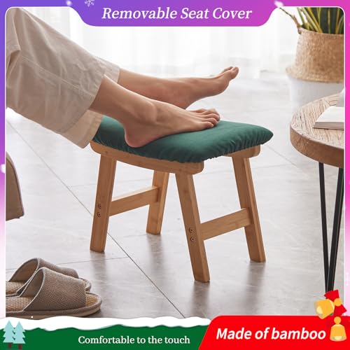 Kitsanery Foot Stool,Ottoman,Bamboo Small Sofa Foot Rest Under Desk,Extra Seating for Living Room, Bedroom and Kitchen (Natural Stool Legs - Green Surface) - color: Natural Stool Legs - Green Surface