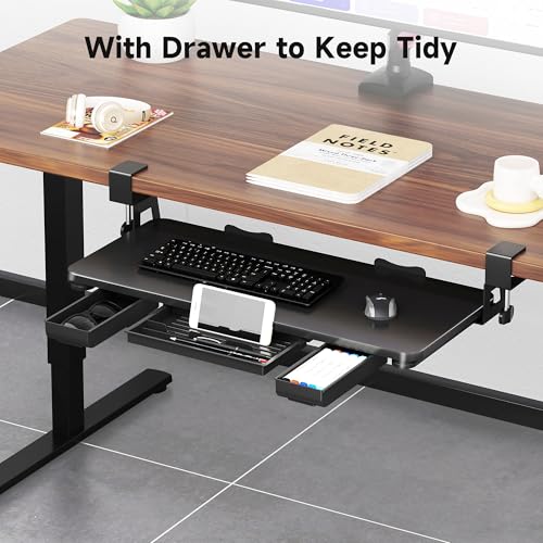 XINLEI Keyboard Tray Under Desk with Storage Drawer Large C-Clamp 26.7”(31” Including Clamps) x 11.8” Slide-Out Platform Computer Drawer Pull Out Keyboard & Mouse Tray DSF7CT - style: with Drawer