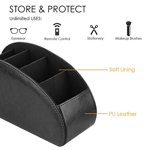 SITHON Remote Control Holder with 5 Compartments - PU Leather Remote Caddy Desktop Organizer Store TV, DVD, Blu-Ray, Media Player, Heater Controllers, Black - color: Black, size: Small