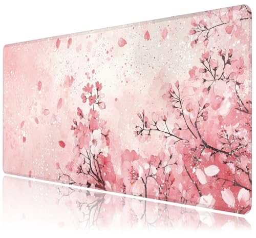Desk Mat, Japanese Cherry Blossom XXL 35.4"x15.7"Large Gaming Mouse Pad, 3mm Thick Gaming Keyboard Pad,Desk Pad Non-Slip Rubber Base with Stitched Edges for Office Game Home Decor - color: Pink Cherry Blossom